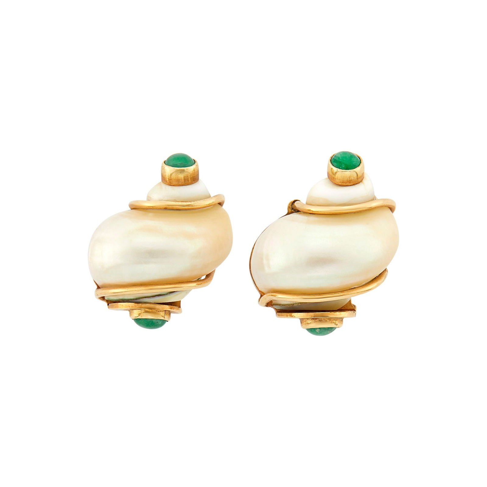 Seaman Schepps Pair of Gold, Shell and Cabochon Emerald 'Turbo Shell' Earclips (1 of 2)