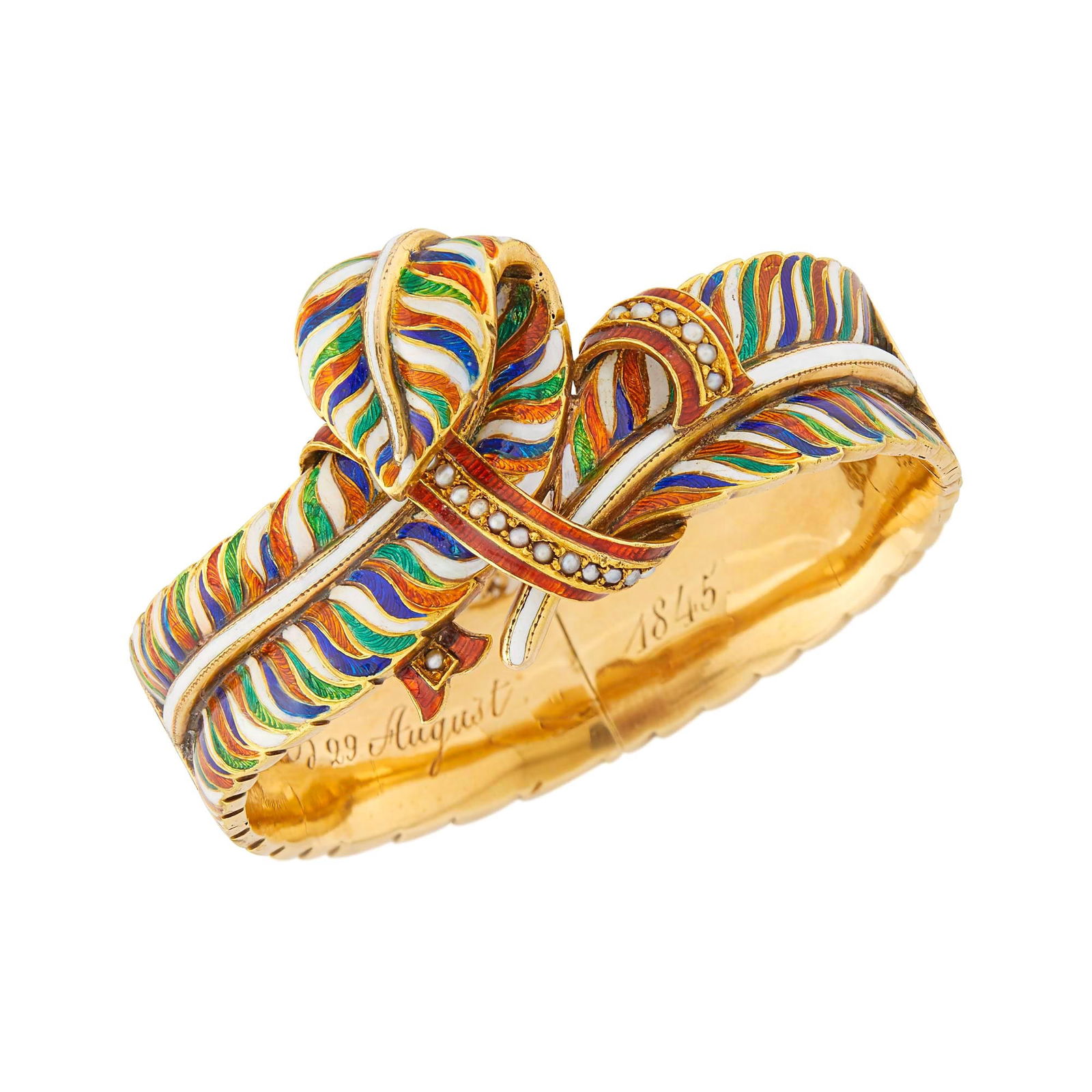 Antique Gold, Multicolored Enamel and Split Pearl Leaf Bangle Bracelet (1 of 1)
