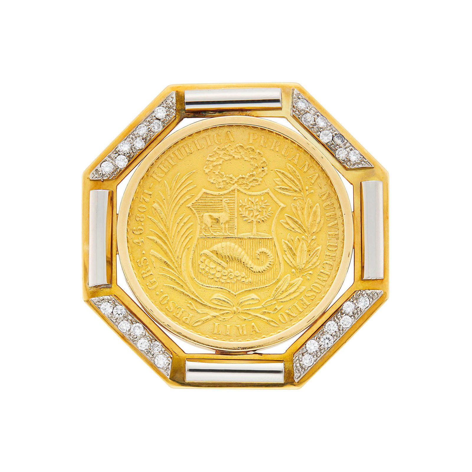 Two-Color Gold, Gold Coin and Diamond Pendant: Yellow and white gold, one Peruvian cien soles '1957' coin 28 round diamonds ap. 1.10 cts., ap. 50 dwts. Tests as 14 kt. 2 x 2 inches.