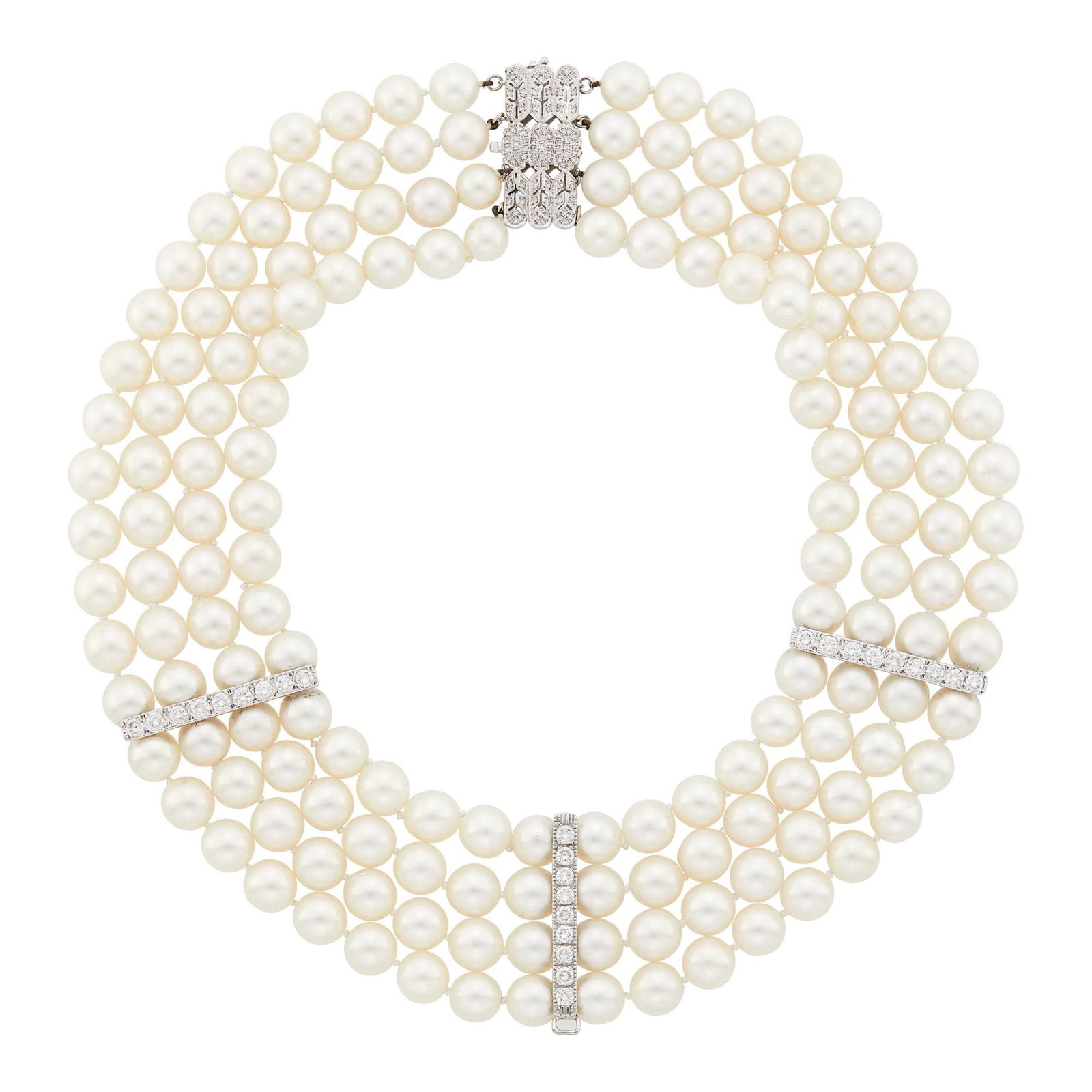 Four Strand Cultured Pearl, White Gold and Diamond Necklace (1 of 2)