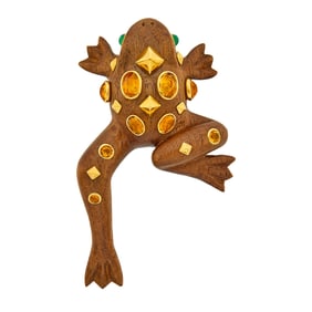 Seaman Schepps Gold, Wood and Citrine Frog Brooch