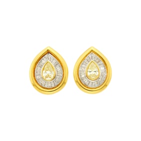 Pair of Gold, Platinum, Colored Diamond and Diamond Earclips
