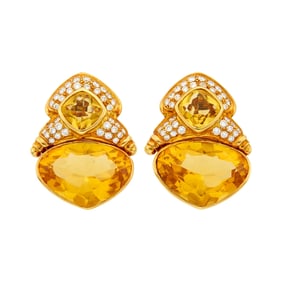 Pair of Gold, Citrine and Diamond Earclips