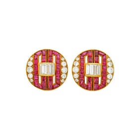 Pair of Gold, Diamond and Ruby Earclips