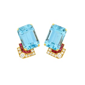 Jacques Timey for Harry Winston Pair of Gold, Aquamarine, Ruby and Diamond Earclips