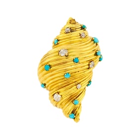 Tiffany & Co. Gold, Turquoise and Diamond Sea Shell Clip-Brooch, France