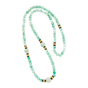 Long Gold, Jade and Black Onyx Bead and Diamond Necklace
