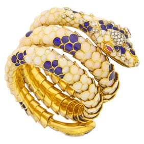 Gold, Enamel, Diamond and Ruby Coiled Serpent Bracelet