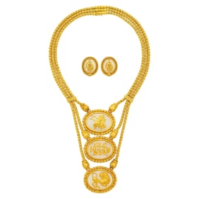 Ilias Lalaounis Triple Strand Gold Bead, Frosted Rock Crystal Medallion and Diamond Chimera Necklace