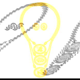 Ilias Lalaounis Triple Strand Gold Bead, Frosted Rock Crystal Medallion and Diamond Chimera Necklace: 18 kt., 5 oval frosted rock crystal panels with detailed gold appliqués, 12 collet-set round diamond eyes, necklace signed Ilias Lalaounis, necklace and earclips signed Greece, with maker's