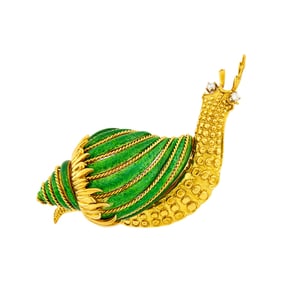 David Webb Gold, Platinum, Green Enamel and Diamond Snail Clip-Brooch