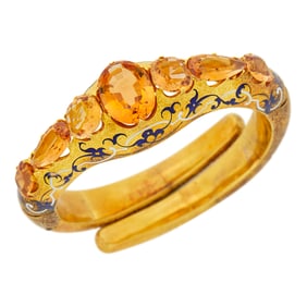 Antique Gold, Topaz, and Blue and White Enamel Bangle Bracelet