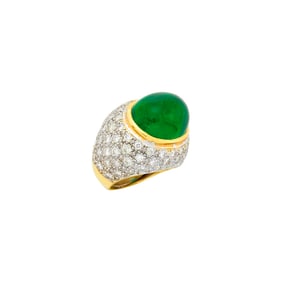 Two-Color Gold, Cabochon Emerald and Diamond Ring