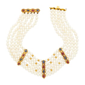 Five Strand Cultured Pearl, Gold, Cabochon Ruby and Sapphire and Diamond Choker Necklace