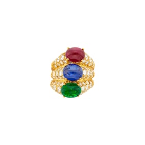 Gold, Cabochon Ruby, Emerald and Sapphire and Diamond Triple Band Ring