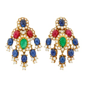Pair of Gold, Diamond, Cabochon Ruby, Emerald and Sapphire Pendant-Earclips