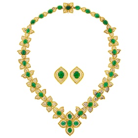 Gold, Cabochon Emerald and Diamond Flower Necklace and Pair of Earclips
