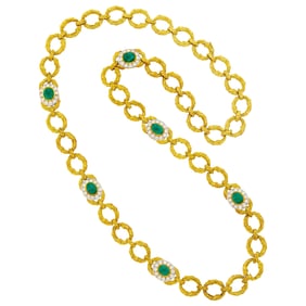 Long Two-Color Gold, Cabochon Emerald and Diamond Link Necklace