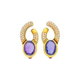 Bulgari Pair of Gold, Bicolor Sapphire and Diamond Earclips