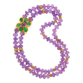 Double Strand Gold, Amethyst Bead and Diamond Necklace with Carved Emerald and Cabochon Amethyst