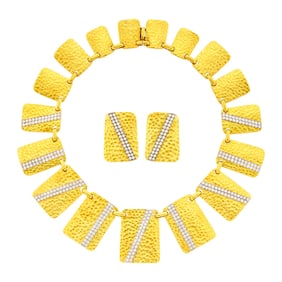 Hammered Two-Color Gold and Diamond Necklace and Pair of Earrings