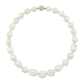 Verdura Baroque South Sea Cultured Pearl Necklace with White Gold and Diamond Ball Clasp
