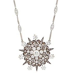 Antique Silver, Gold and Diamond Star Pendant with Platinum and Diamond Chain Neclace