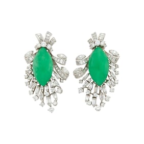 J.E. Caldwell & Co. Pair of Platinum, Jade and Diamond Earclips