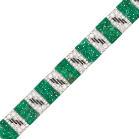 Platinum, Carved Jade, Diamond and Black Onyx Bracelet