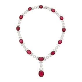 White Gold, Rubellite, Diamond and Colorless Sapphire Necklace