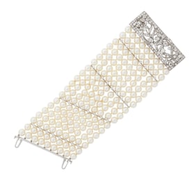 Wide Nine Strand Platinum, White Gold, Cultured Pearl and Diamond Bracelet