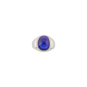 Platinum and Cabochon Color-Change Cabochon Sapphire Gypsy Ring