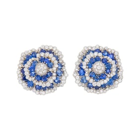 Pair of Platinum, Sapphire and Diamond Flower Earrings