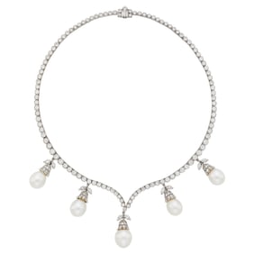 Platinum, Diamond and South Sea Cultured Pearl Pendant-Necklace