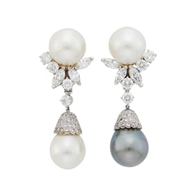 Pair of Platinum, South Sea and Tahitian Gray Cultured Pearl and Diamond Pendant-Earclips