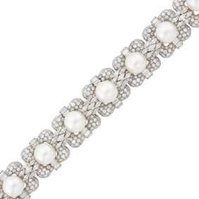 Platinum, South Sea Cultured Pearl and Diamond Bracelet