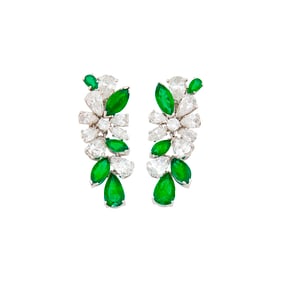 Pair of Platinum, Diamond and Emerald Pendant-Earclips