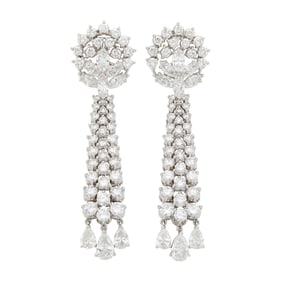 Pair of Platinum and Diamond Pendant-Earrings