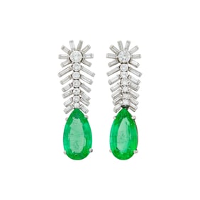 Pair of Platinum, Emerald and Diamond Pendant-Earrings