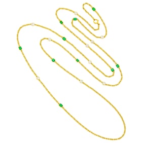 Long Gold, Emerald and Diamond Chain Necklace