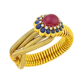 Cartier Gold, Cabochon Ruby, Sapphire and Diamond Tubogas Loop Bracelet, France