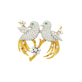 McTeigue & Co. Gold, Platinum, Diamond and Emerald Lovebird Clip-Brooch
