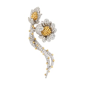 Two-Color Gold and Diamond Flower Clip-Brooch