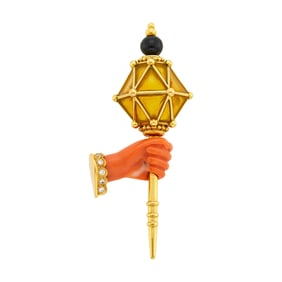 Gold, Carved Coral, Black Onyx, Yellow Glass and Diamond Hand and Lantern Clip-Brooch, France