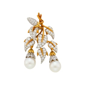 Tiffany & Co., Schlumberger Platinum, Gold, Diamond and Cultured Pearl 'Leaves' Clip-Brooch