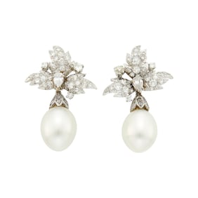 Jean Schlumberger Pair of Platinum, South Sea Cultured Pearl and Diamond Pendant-Earrings