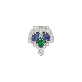 Cartier Platinum, Carved Sapphire and Emerald and Diamond Clip