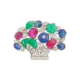 Platinum, White Gold, Carved Colored Stone and Diamond 'Tutti Frutti' Flower Basket Brooch
