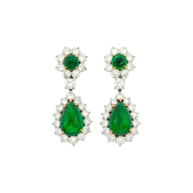 Pair of Platinum, Gold, Cabochon Emerald and Diamond Pendant-Earclips