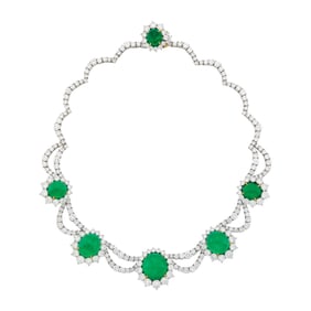 Platinum, Gold, Cabochon Emerald and Diamond Necklace